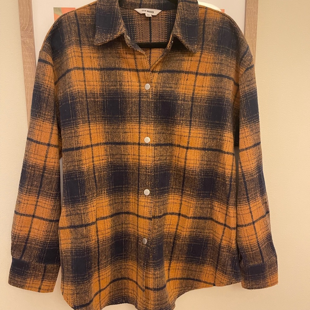 Plaid Button-Up Shirt - Navy and Mustard